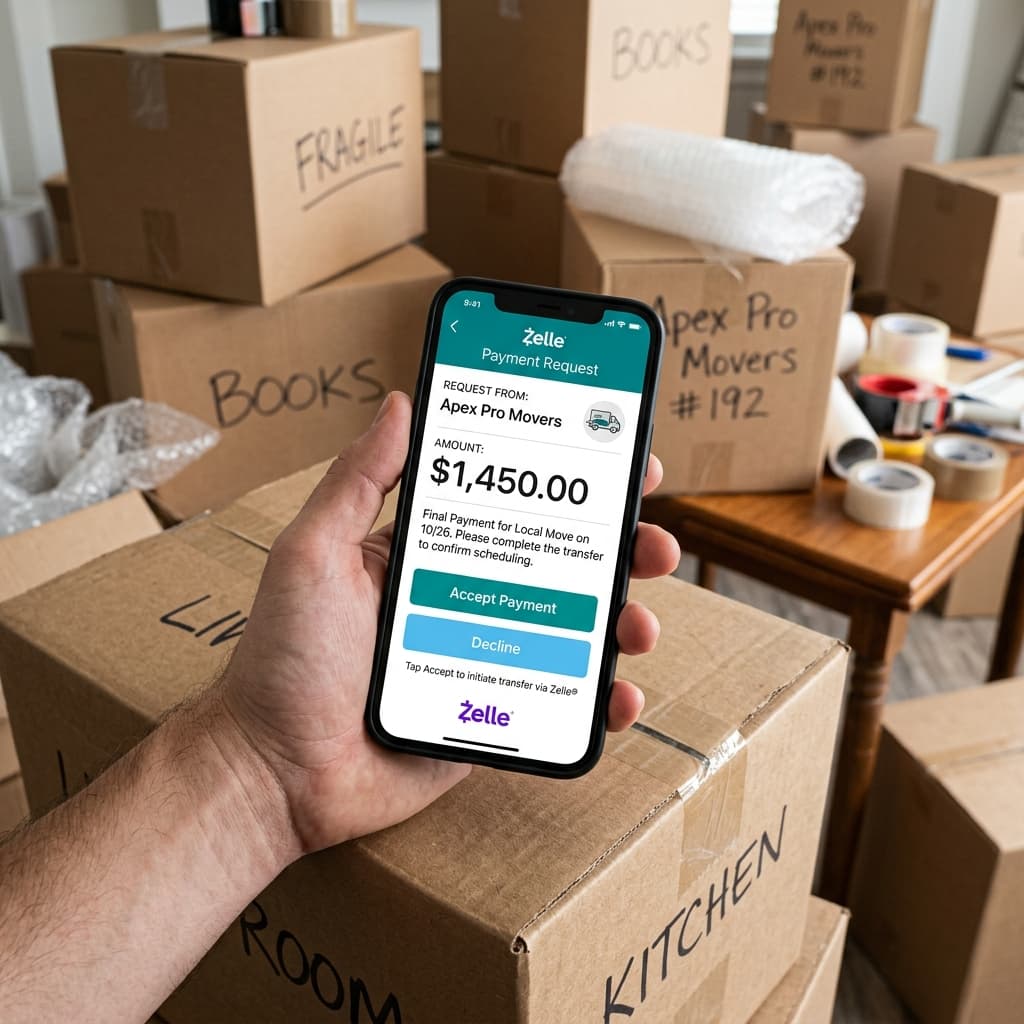 A visual guide illustrating moving company deposit laws to help consumers avoid digital payment scams on moving day.