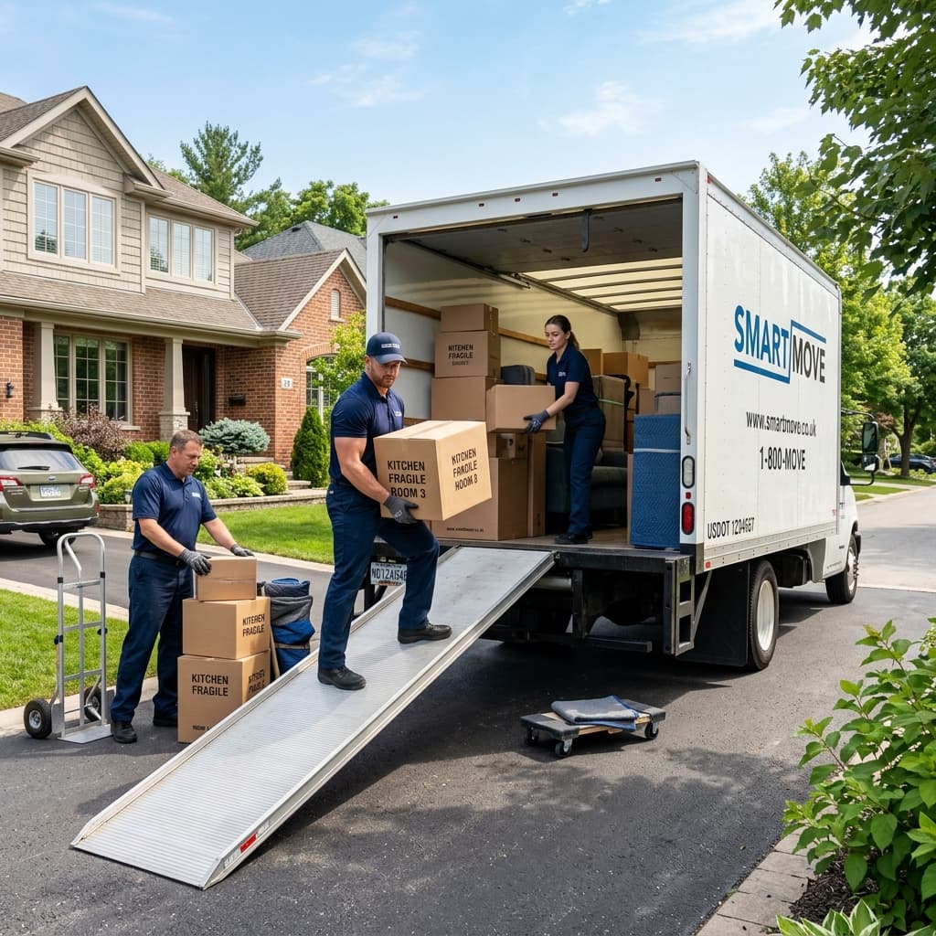 Vetted local moving company truck and professional movers loading residential goods